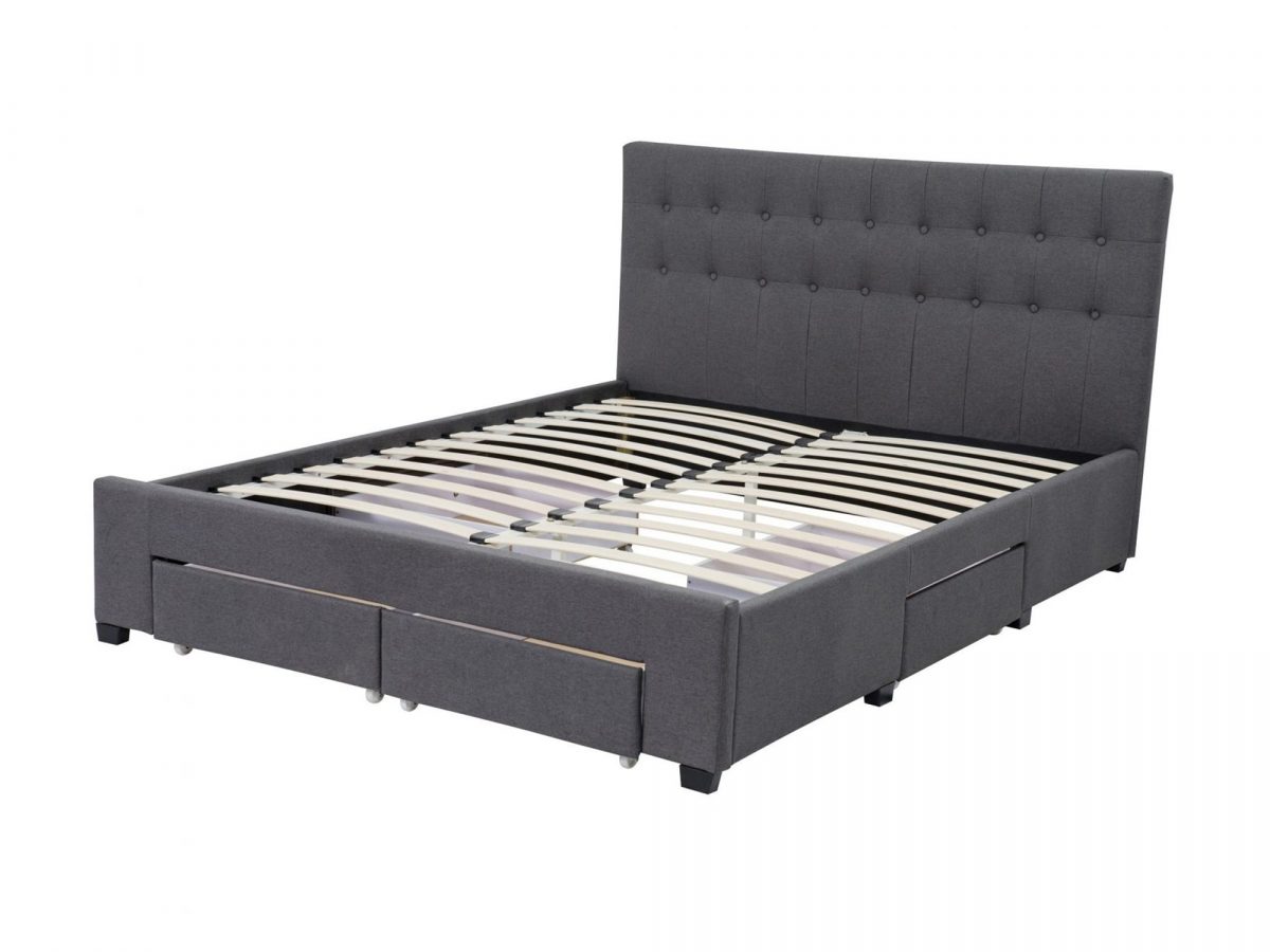 Queen Maria Fabric Bed Frame Base with Storage Drawer-Light Grey ...