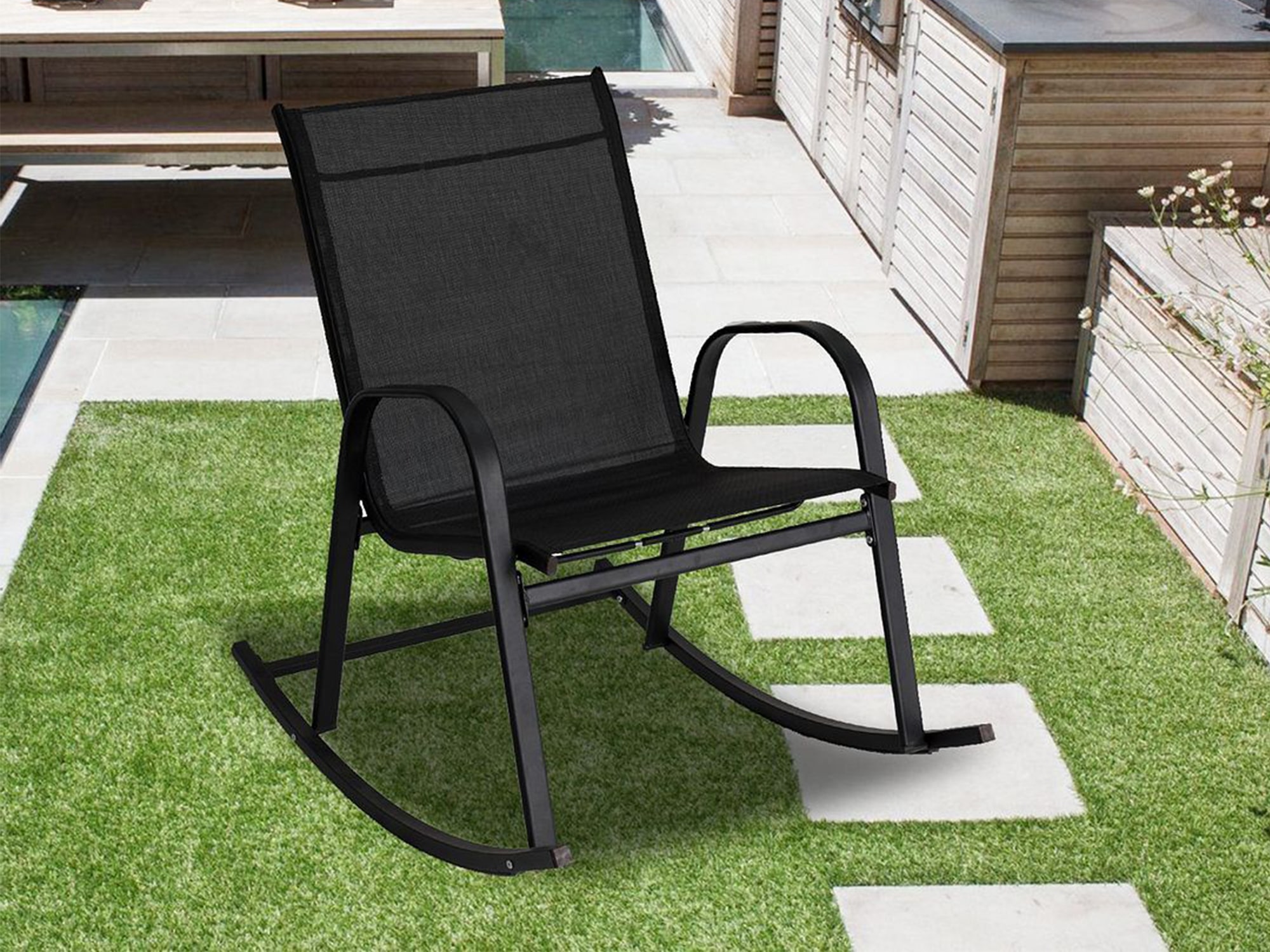 black outdoor steel sling rocker