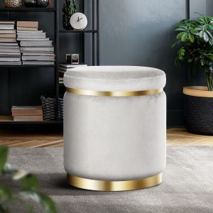 Round Velvet Ottoman - Grey with Gold Accents