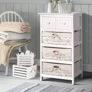 White Coastal Style Tall-boy with Wicker Baskets