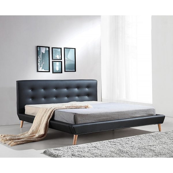 Black Leather King Bed Frame and Headboard with Button Detail