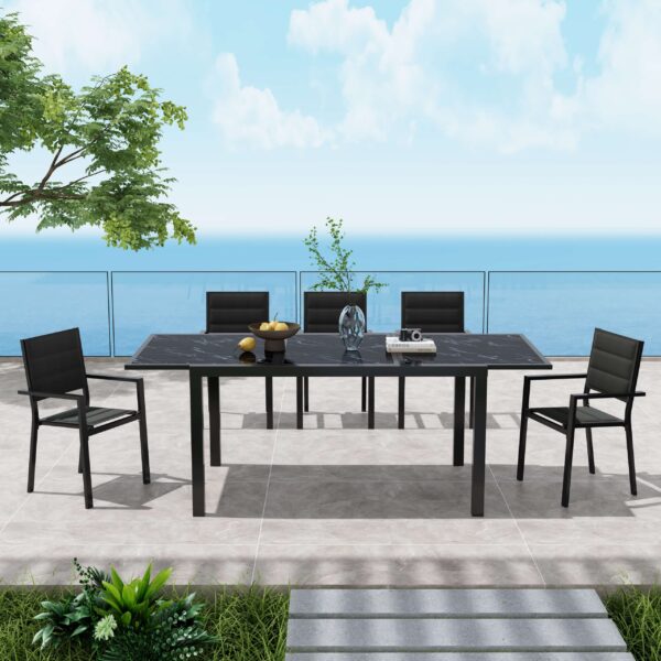 Expandable Steve Black Marble-Look Outdoor Dining Table
