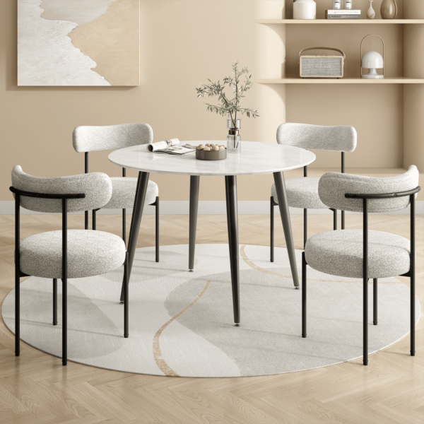 4-Seat White Dining Table Set with Plush Boucle Chairs