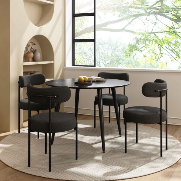 4-Seat Dining Table Set with Plush Charcoal Boucle Chairs