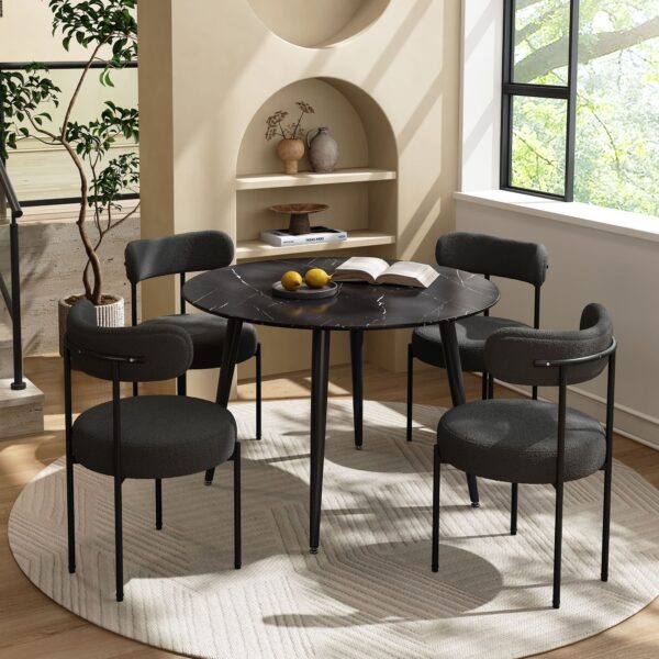 4-Seat Dining Table Set with Plush Charcoal Boucle Chairs