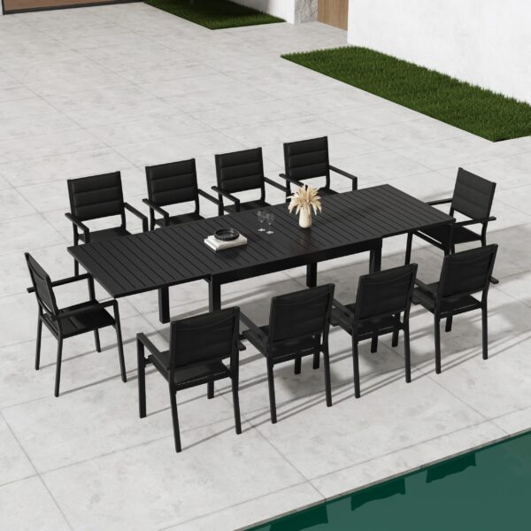 11 PC Outdoor Extendable Dining Table Set Aluminium Slatted Black