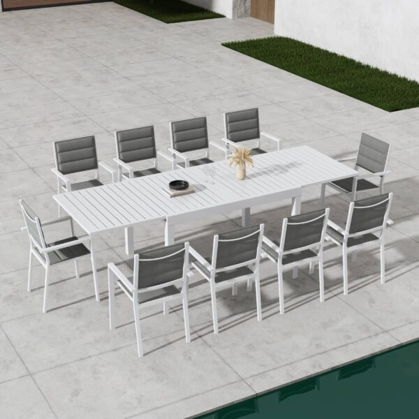 11 PC  Outdoor Extendable Dining Table Set Aluminium Slatted White