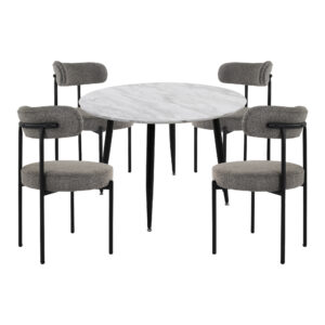 4-Seat White Dining Table Set with Plush Boucle Chairs