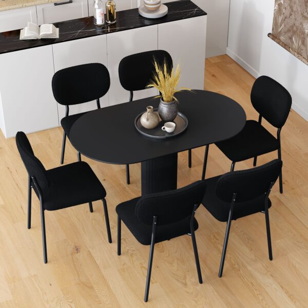 Oval Black Dining Set with Teddy Fabric Dining Chairs