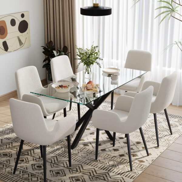 7-piece Finn Dining Table with Teddy Fabric Armrest Chair
