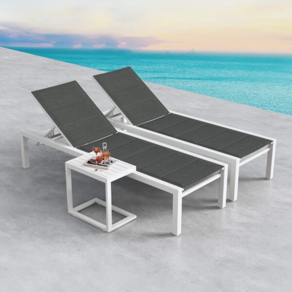 Adjustable Outdoor Sun Lounger Set with Side Table-White