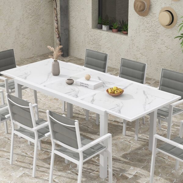 Expandable Steve White Marble-Look Outdoor Dining Table