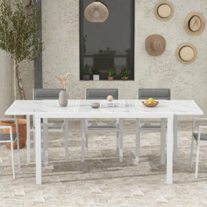 Expandable Steve White Marble-Look Outdoor Dining Table