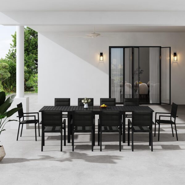 11 PC Outdoor Extendable Dining Table Set Aluminium Slatted Black