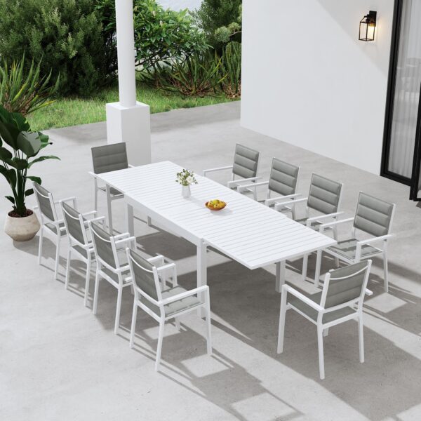 11 PC  Outdoor Extendable Dining Table Set Aluminium Slatted White