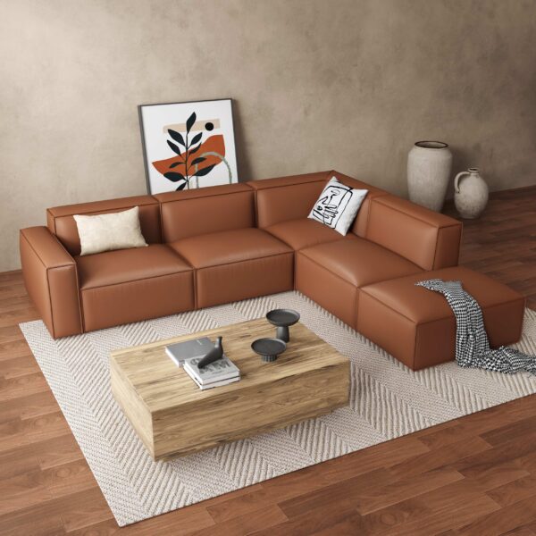 5 Piece Sofa Set with Ottoman Top Grain Leather Caramel