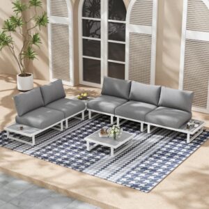 Outdoor 7 Piece Aluminum Lounge Set with Slatted Polywood Tables-White