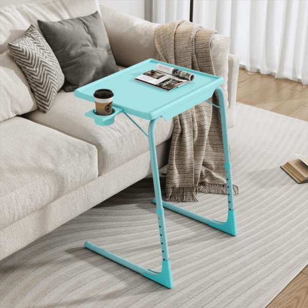 Foldable Table Adjustable Tray Laptop Desk with Removable Cup Holder-Turquoise