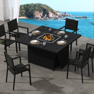 Outdoor Square Gas Fire Pit Table Set with Chair – Black