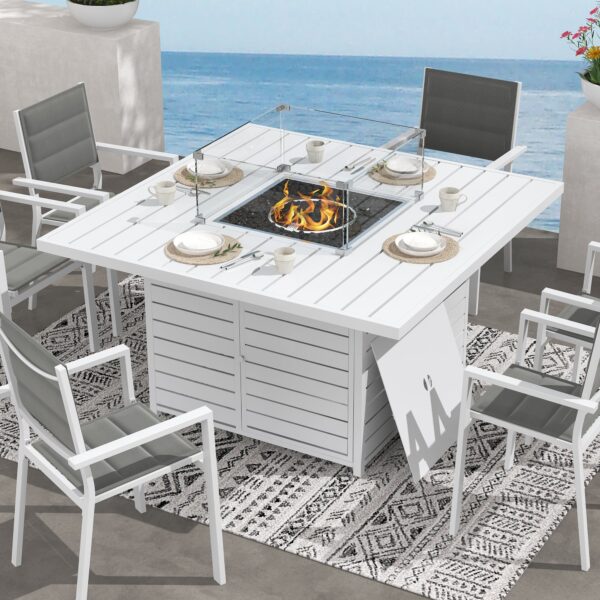 Square Gas Fire Pit Table for Outdoor Use - White