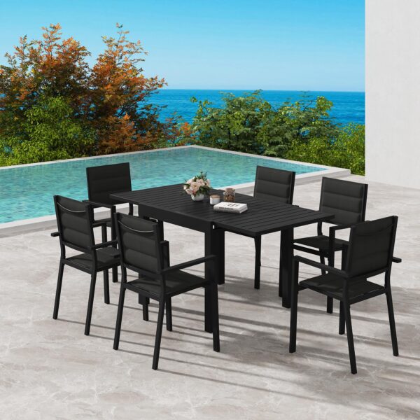 7-Piece Adjustable Aluminium Garden Dining Set with Slats in Black