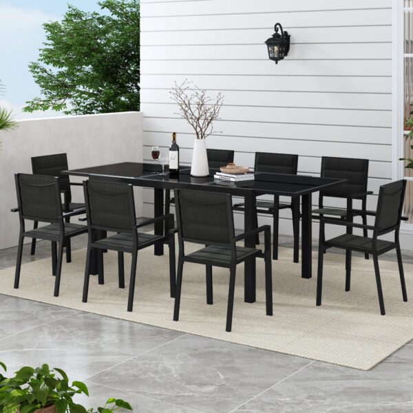 Extendable Glass Outdoor Dining Set with Aluminium Black Chairs