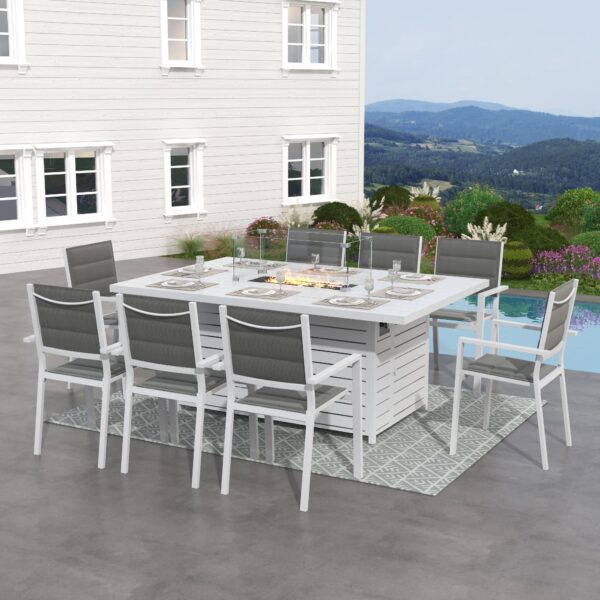 Outdoor Rectangular Gas Fire Pit Table Set with 8 Chair – White