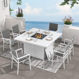 Outdoor Square Gas Fire Pit Table Set with Chair – White