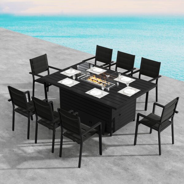 Outdoor Rectangular Gas Fire Pit Table Set with 8 Chair – Black