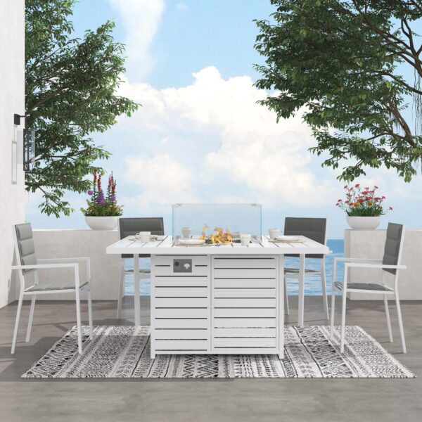 Outdoor Square Gas Fire Pit Table Set with Chair – White